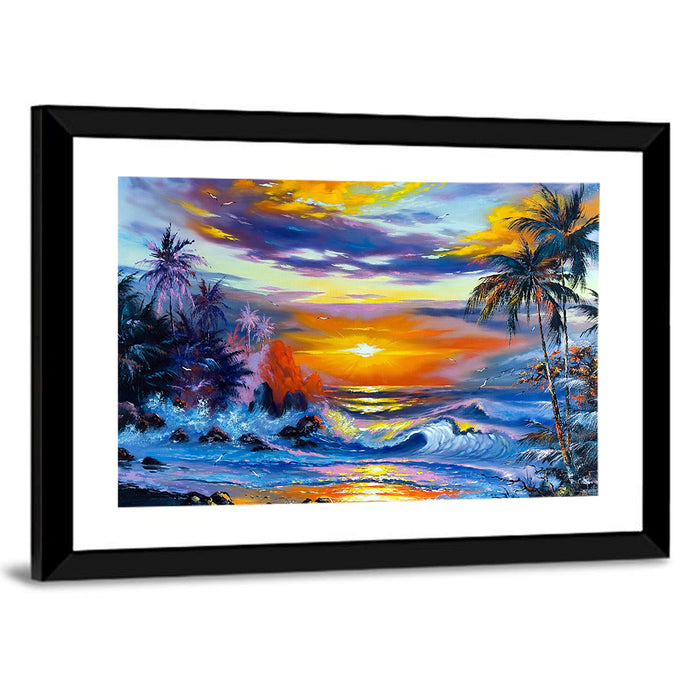 Evening Coastal Sunset with Palm Silhouettes Wall Art as a framed print