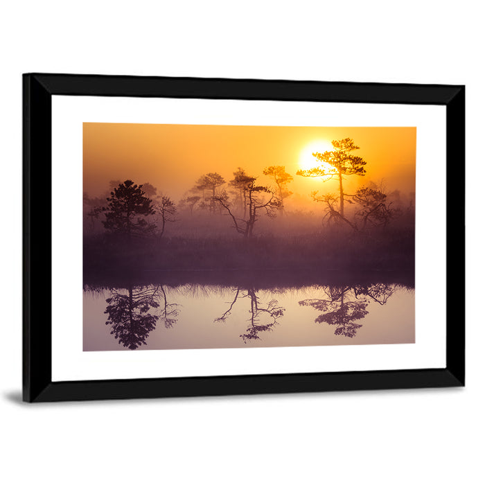 Misty Golden Lake Sunrise Wall Art as a framed print