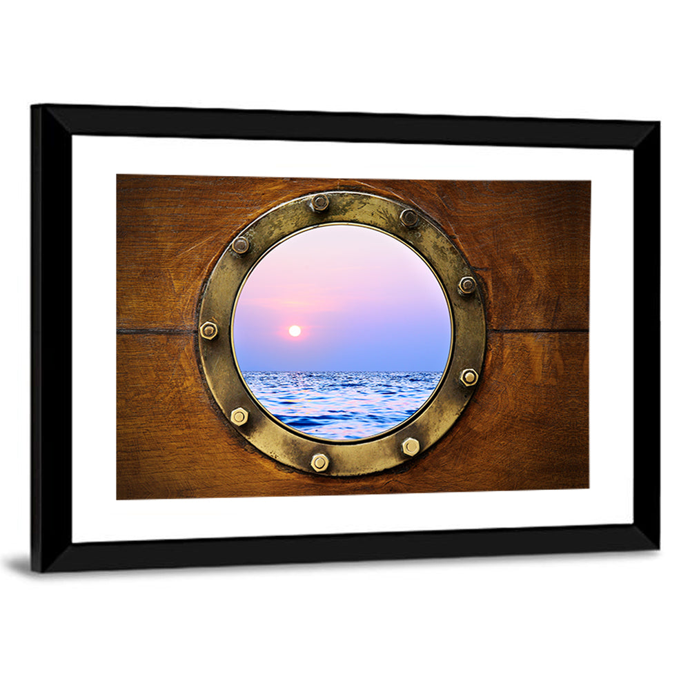 Brass Porthole with Sunset Horizon Wall Art