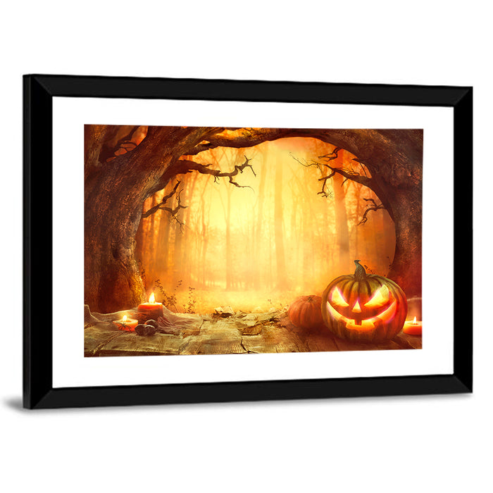 Halloween Jack O'lantern in Dark Forest Wall Art as a framed print