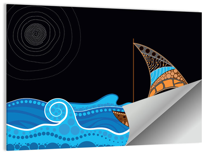 Moonlit Dotted Sailboat Illustration Wall Art as a poster print