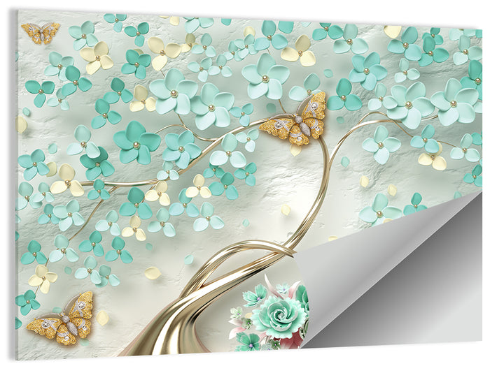 Teal and Gold Floral Abstraction Wall Art as a poster print