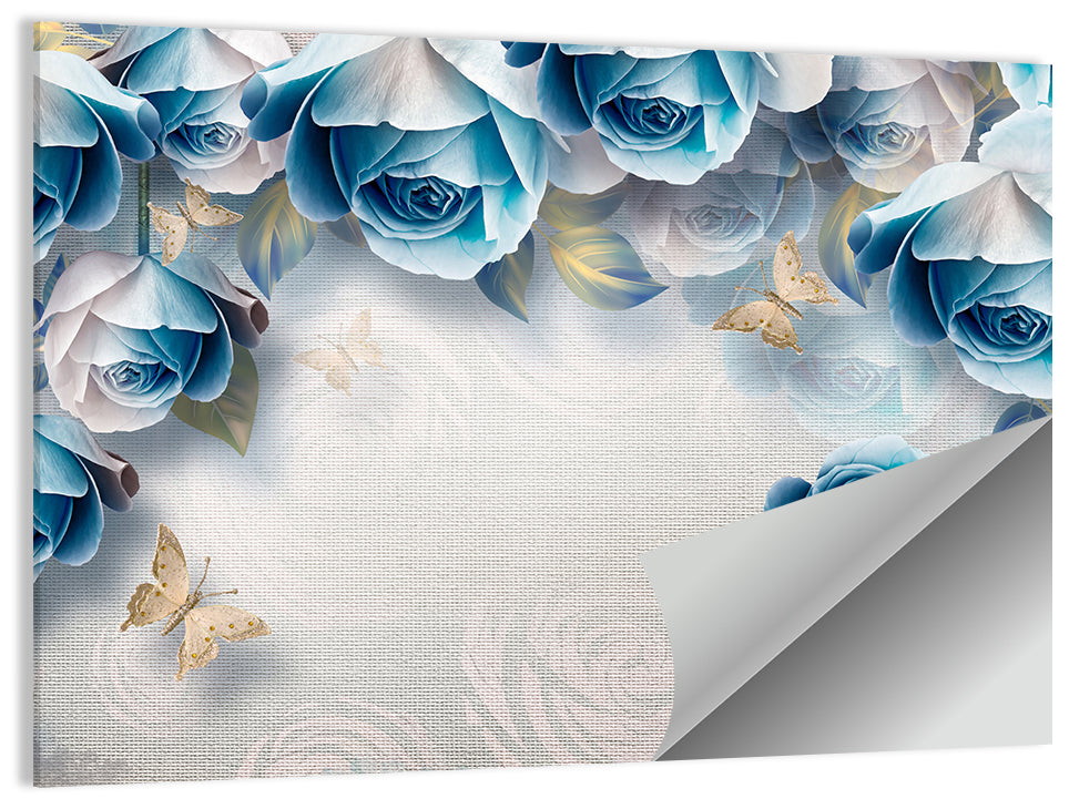 Blue Rose Border with Gold Butterflies Wall Art