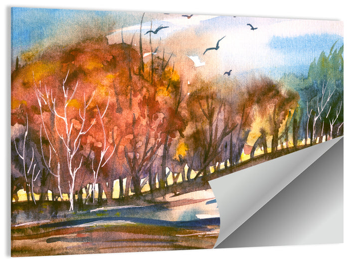 Autumn Dusk Watercolor Landscape Wall Art as a poster print