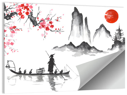 Ink Wash Fishing Boat with Red Sun Wall Art
