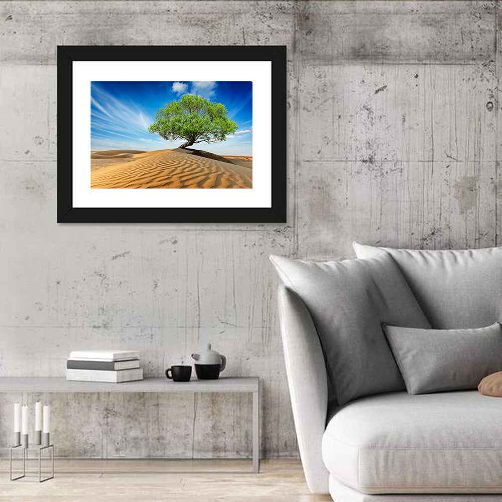 Solitary Green Tree on Sand Dune Wall Art in a room, landscape