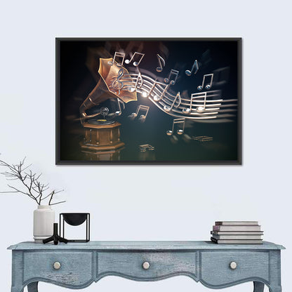 Gramophone with Flowing Musical Staff Wall Art
