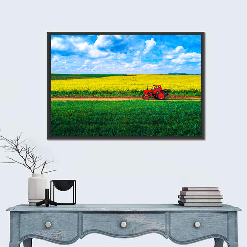Red Tractor Over Yellow Rapeseed Field Wall Art in a room, landscape