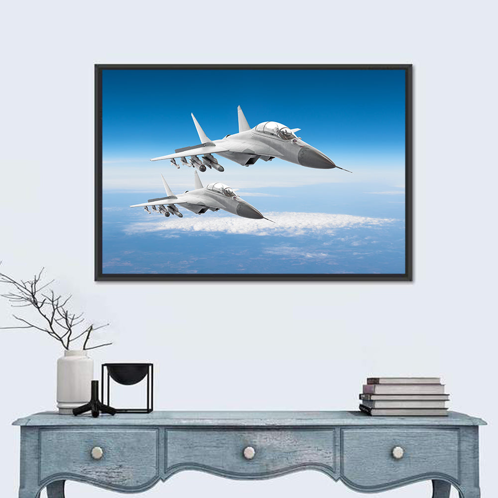 Two Fighter Jets in Formation Wall Art in a room, landscape