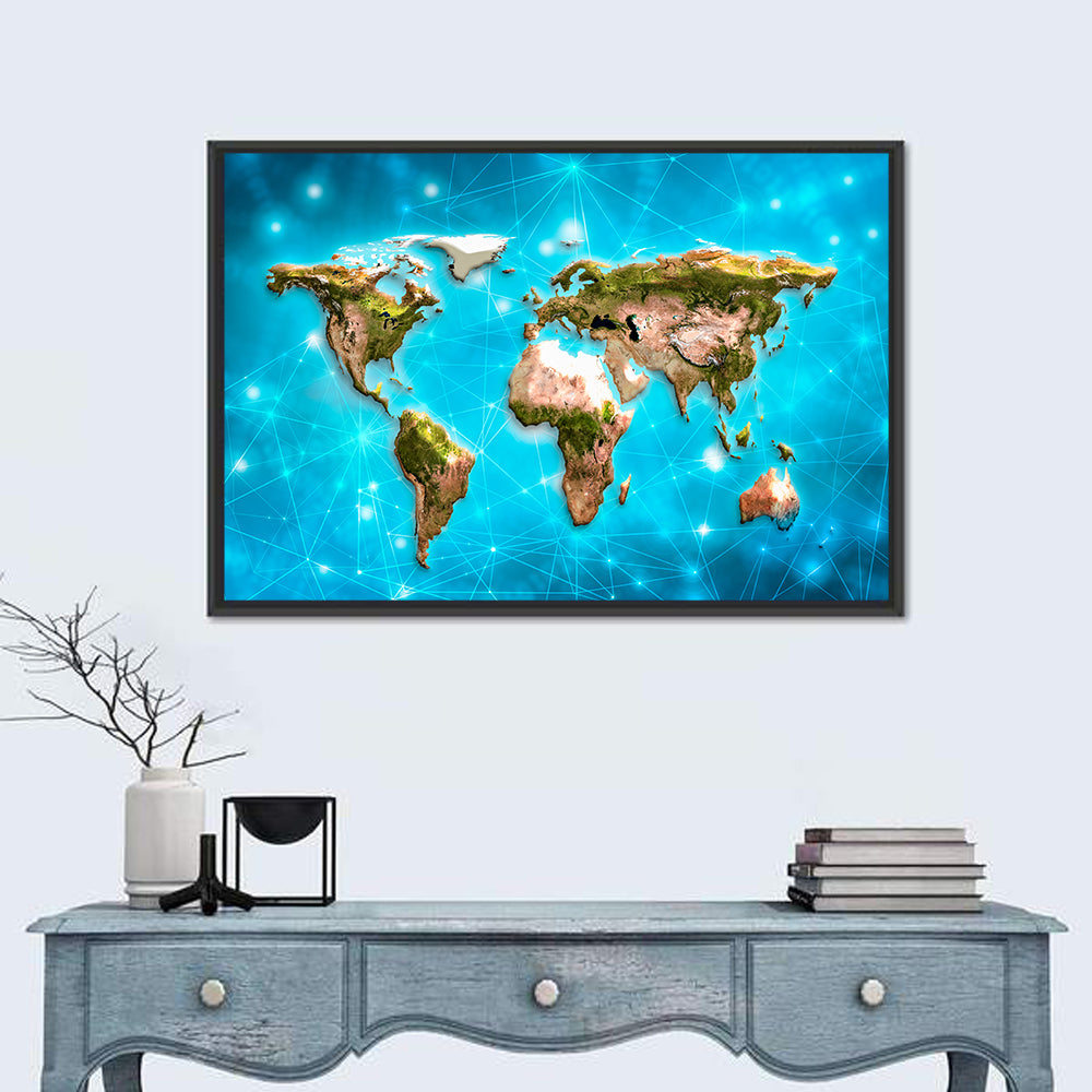 Geometric World Map Illustration Wall Art in a room, landscape