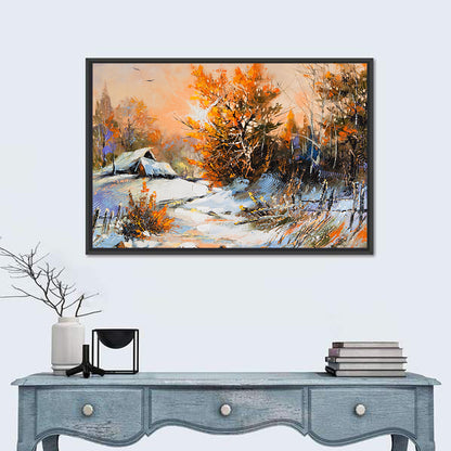 Snowy Cottage at Golden Hour Wall Art