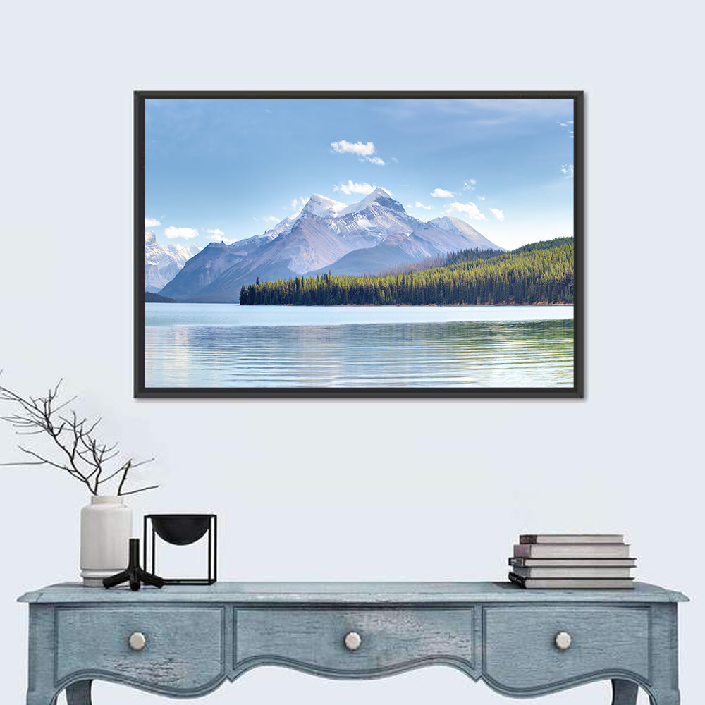 Spirit Island Maligne Lake Wall Art in a room, landscape