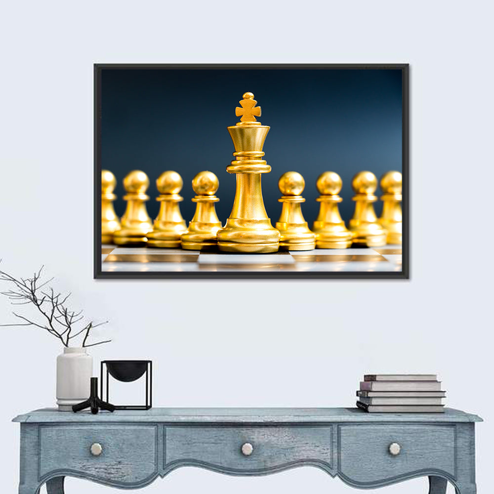 Golden King with Pawns Wall Art in a room, landscape