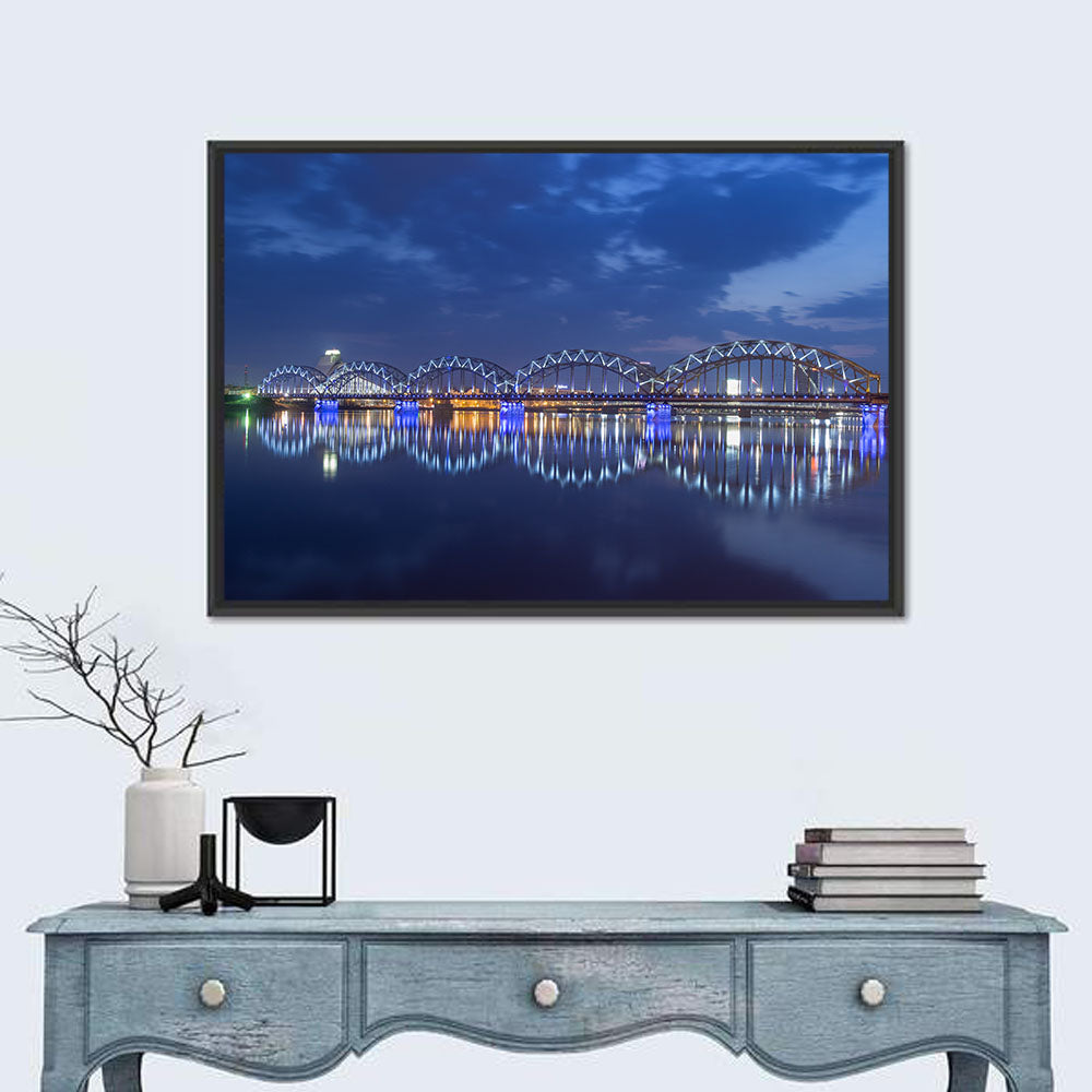 Riga Railway Bridge at Night Wall Art in a room, landscape