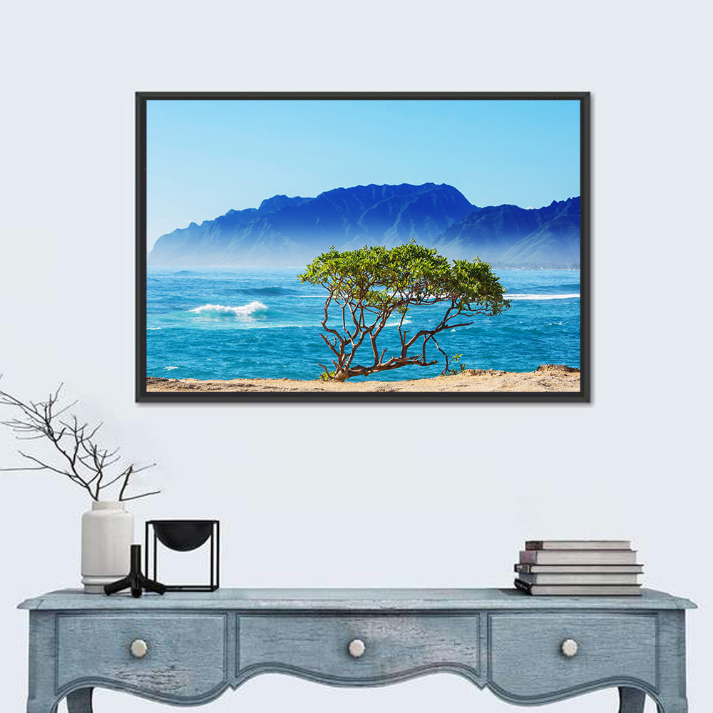 Hawaiian Coastal Tree on Rocky Shore Wall Art in a room, landscape