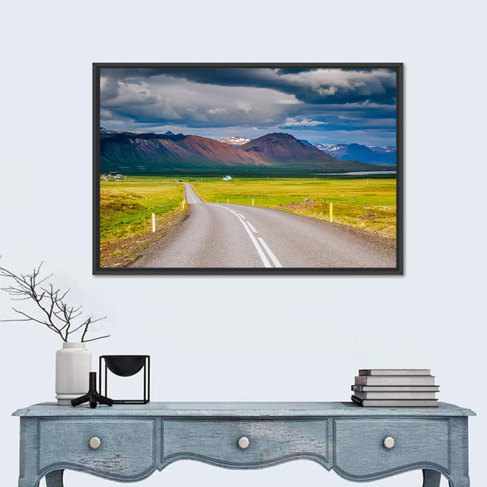 Icelandic Winding Road Toward Mountains Wall Art in a room, landscape