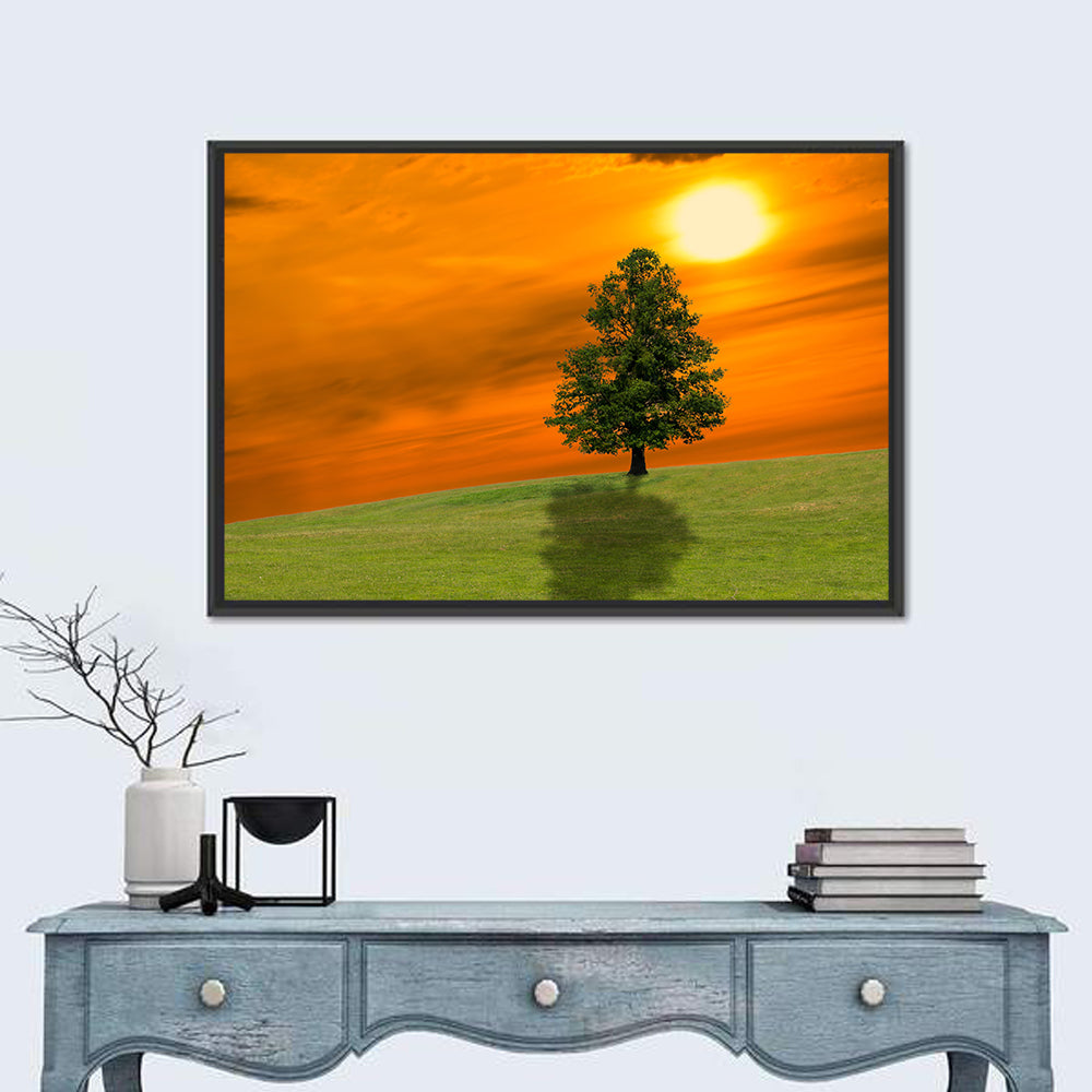 Lonely Tree on Green Hill at Sunset Wall Art in a room, landscape