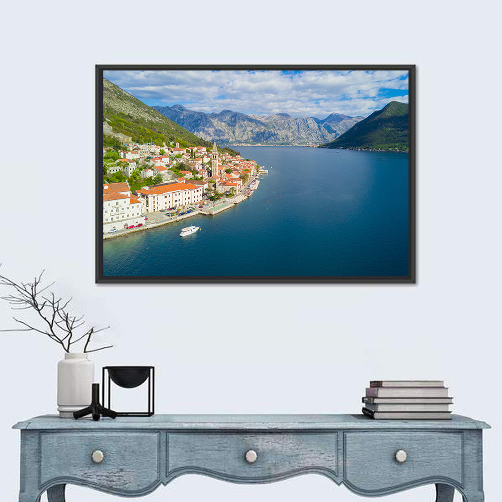 Perast Aerial Coastal View Wall Art in a room, landscape