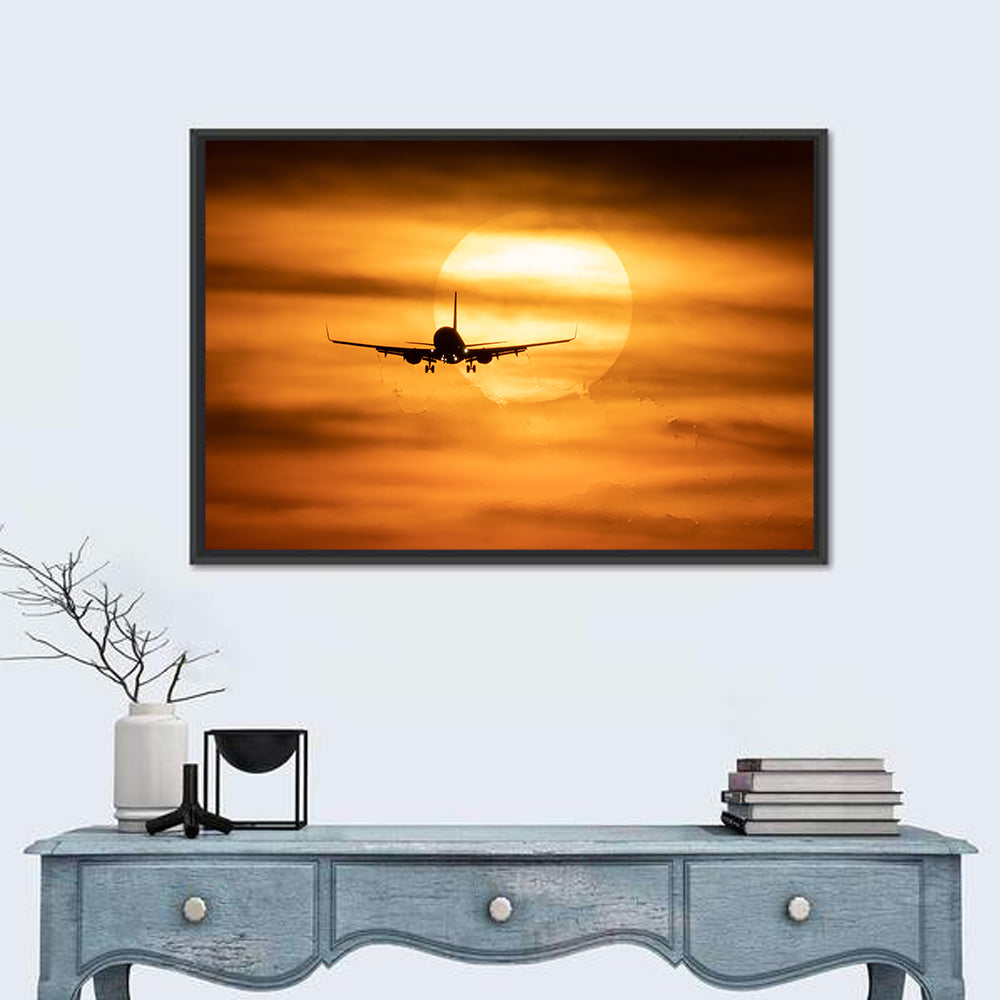 Airplane Silhouette at Golden Sunset Wall Art