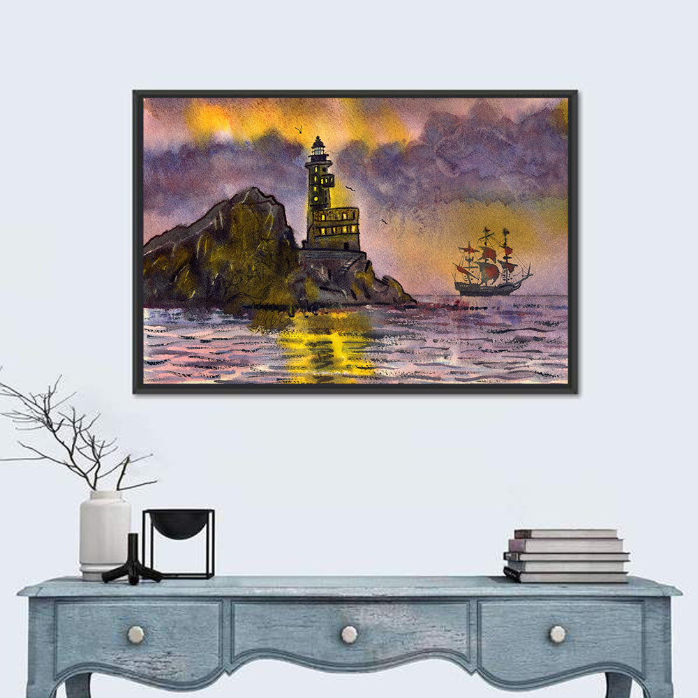 Lighthouse and Sailing Ship at Dusk Wall Art