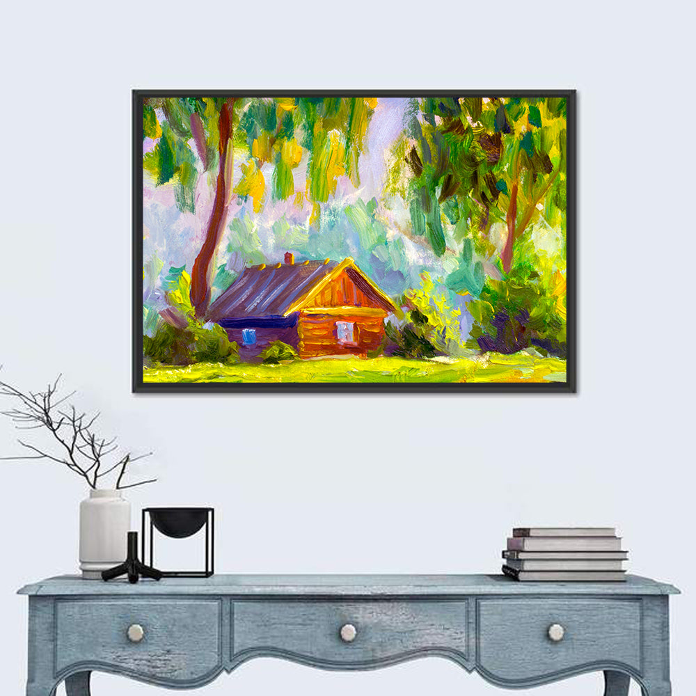 Impressionist Log Cabin in Green Forest Wall Art in a room, landscape