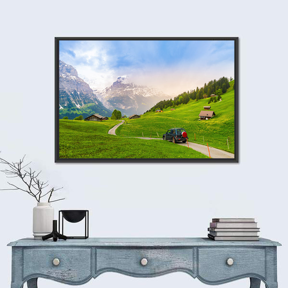 Grindelwald Alpine Village Road Wall Art in a room, landscape