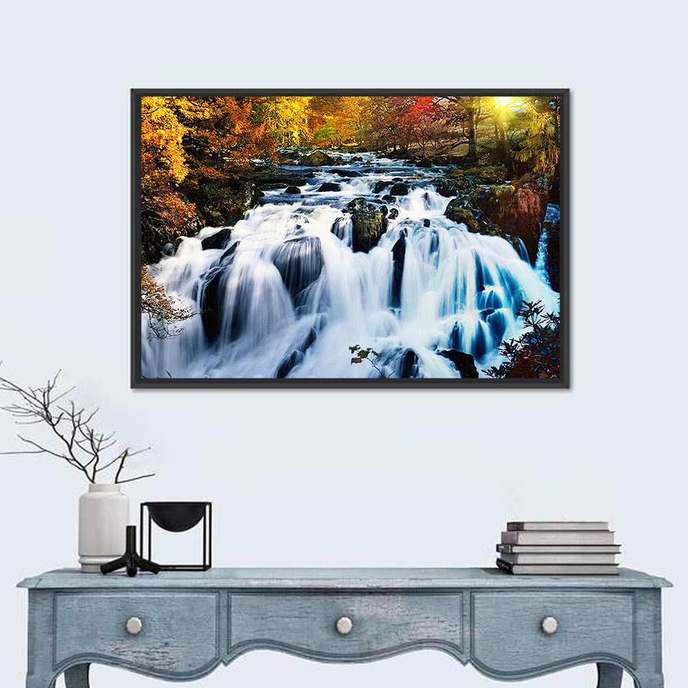 Mossy Autumn Forest Waterfall Wall Art