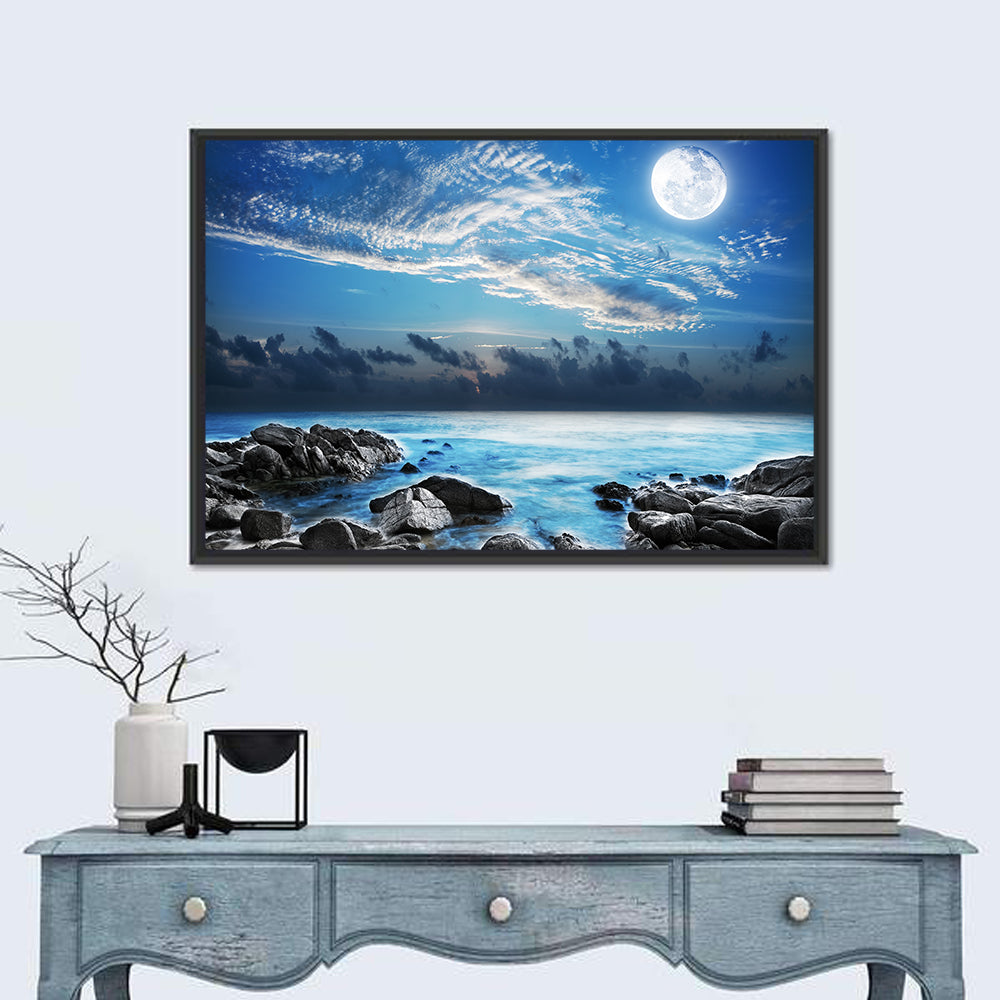 Moonlit Tropical Bay with Rocky Coast Wall Art in a room, landscape