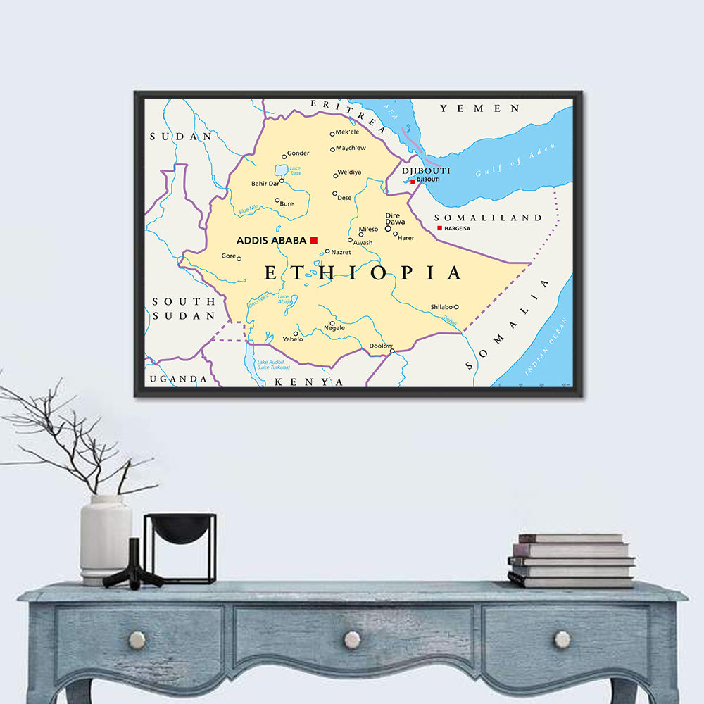 Ethiopia Political Map Wall Art in a room, landscape