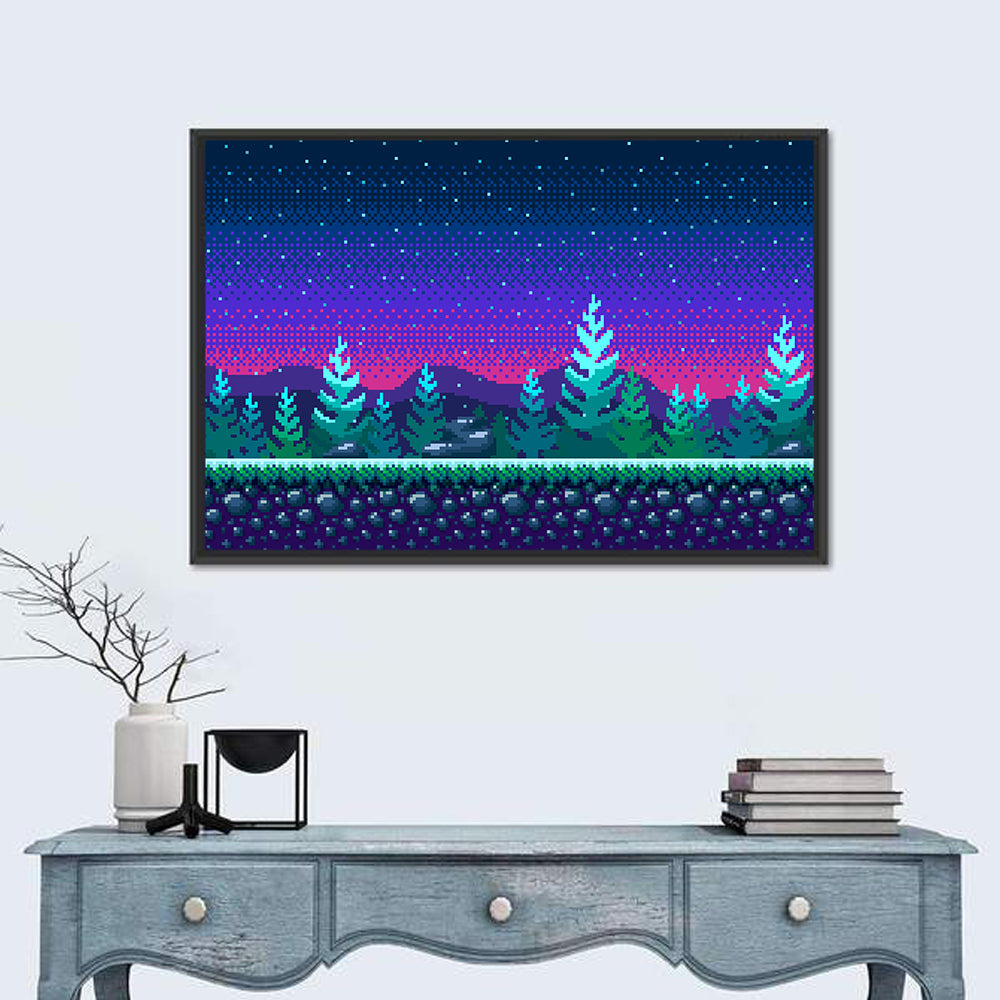 Starlit Pixel Forest Wall Art in a room, landscape