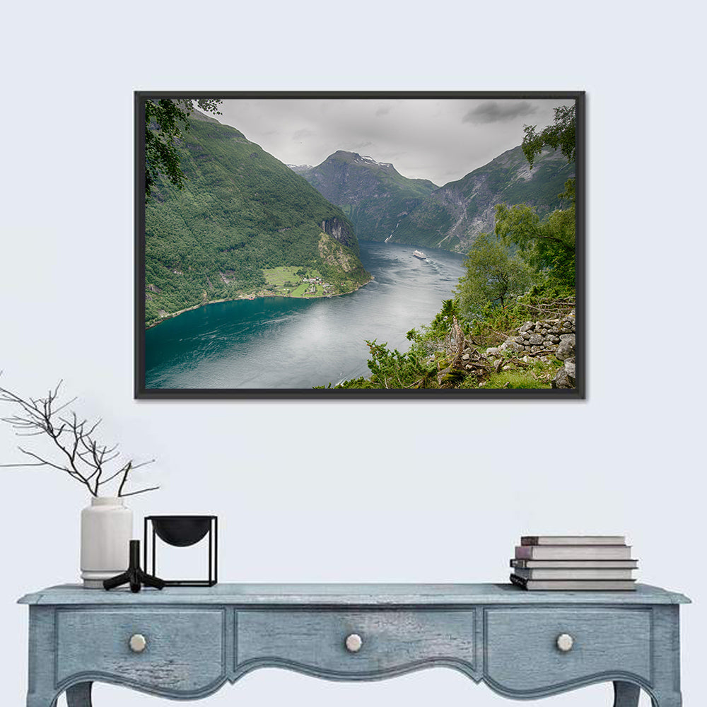 Geirangerfjord with Cruise Ship Wall Art in a room, landscape
