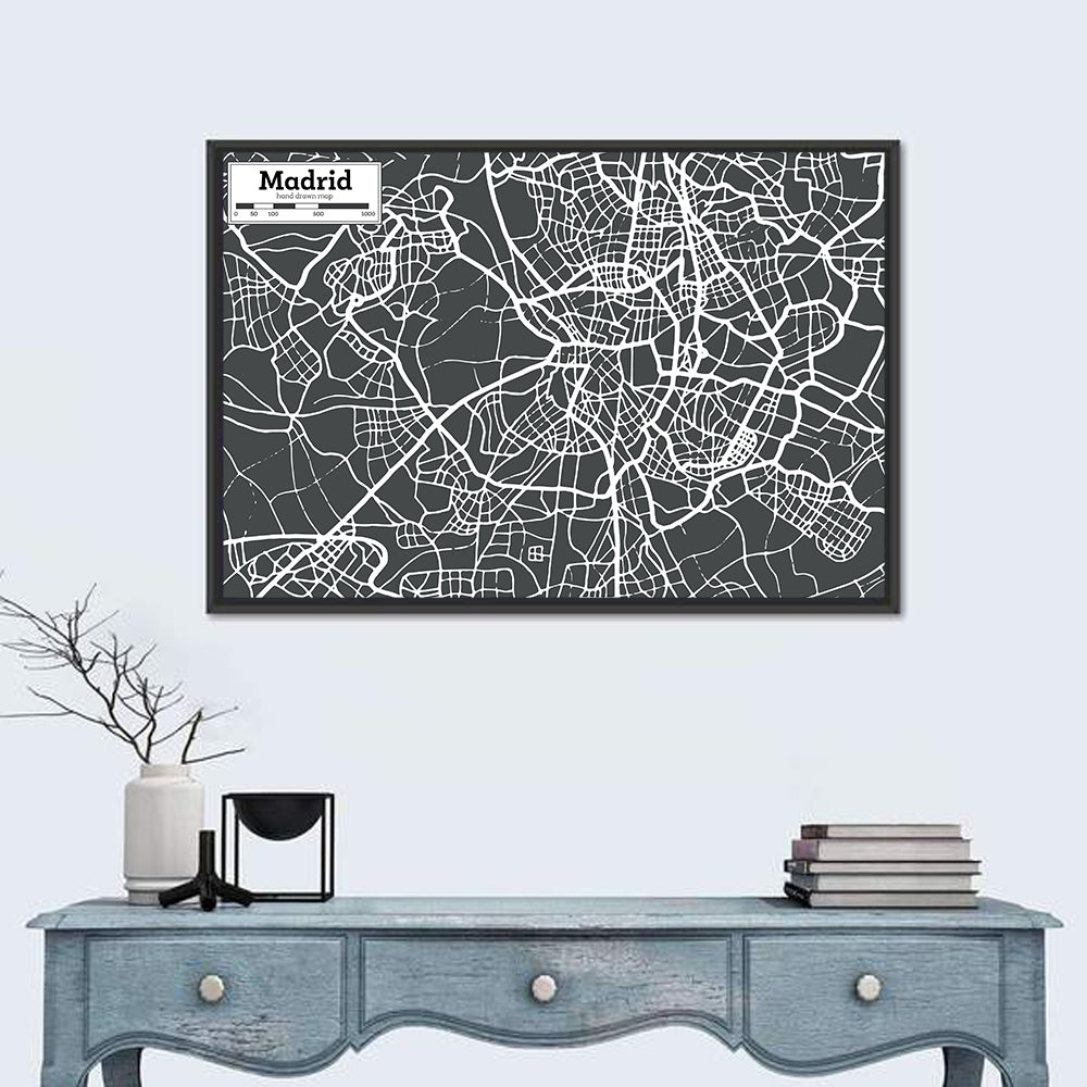 Madrid City Map Wall Art in a room, landscape
