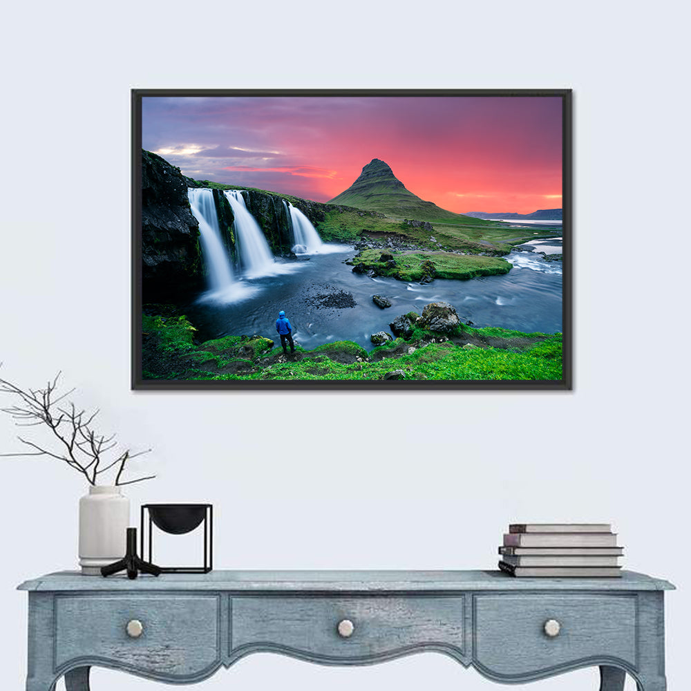 Kirkjufell Sunset with Kirkjufellsfoss Wall Art in a room, landscape