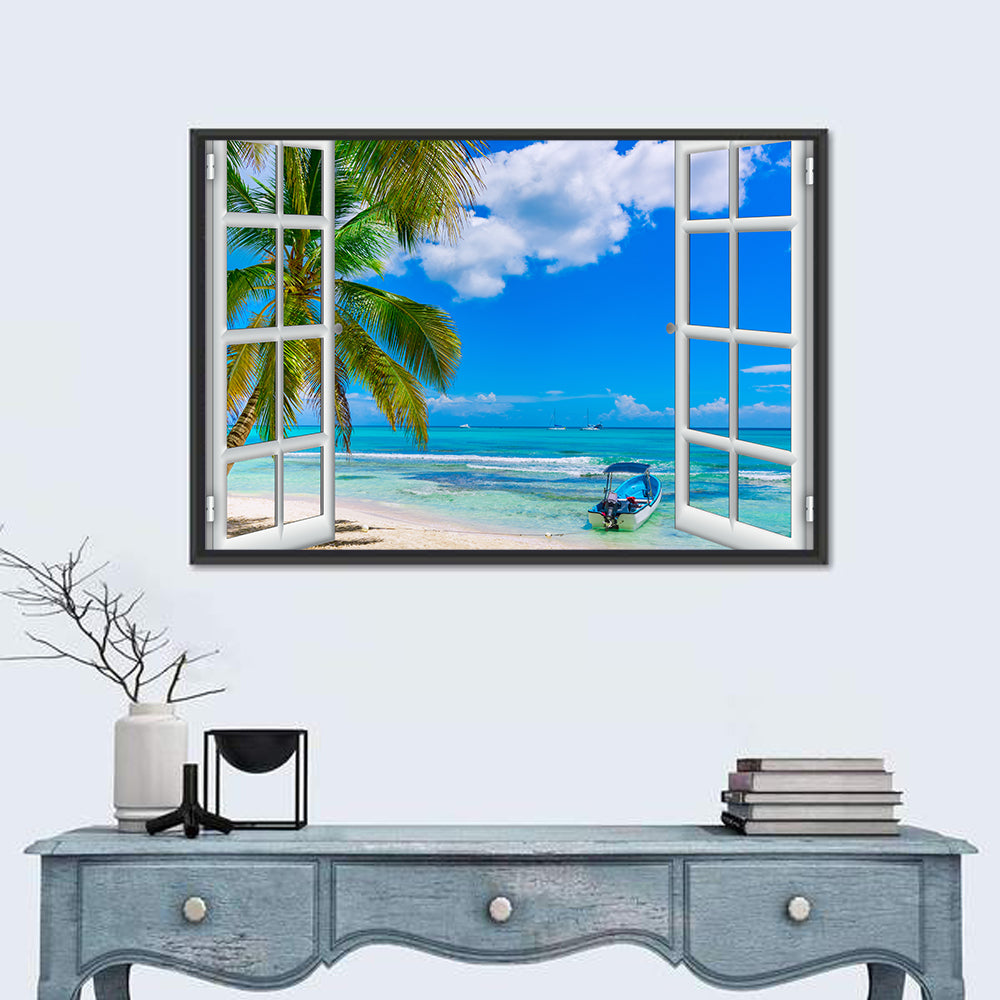 Tropical Ocean View Through Window Wall Art in a room, landscape