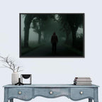 Hooded Silhouette on Foggy Forest Road Wall Art