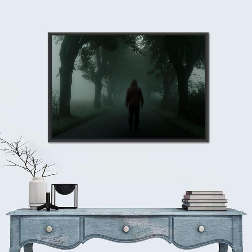 Hooded Silhouette on Foggy Forest Road Wall Art