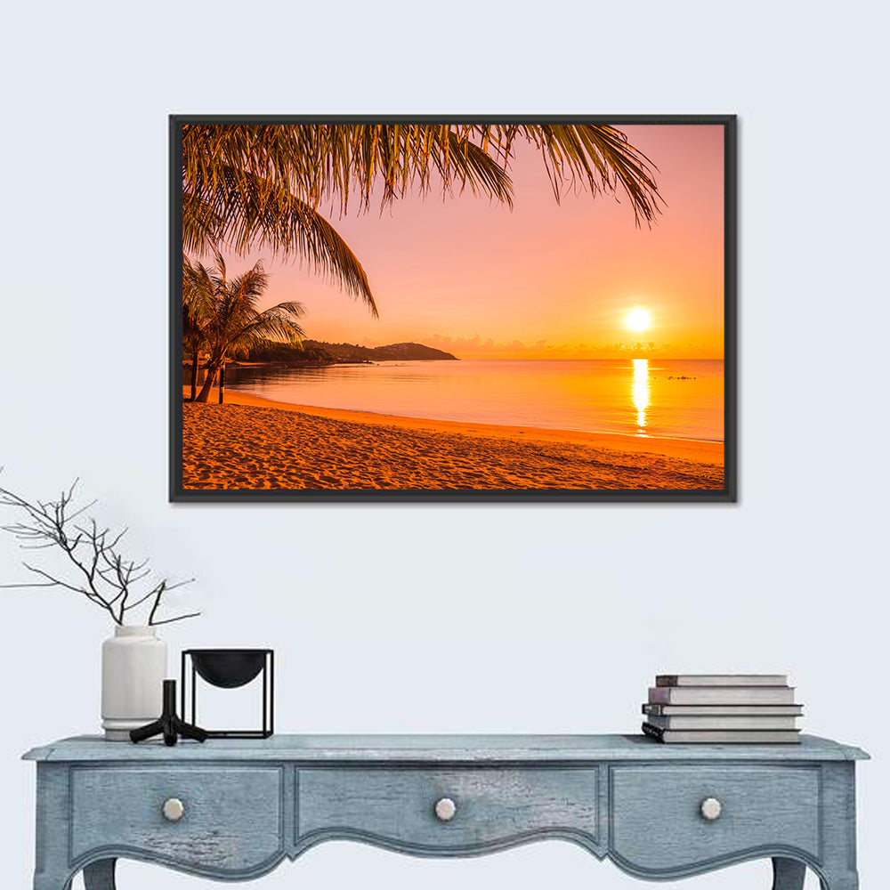Golden Palm Sunset Wall Art in a room, landscape