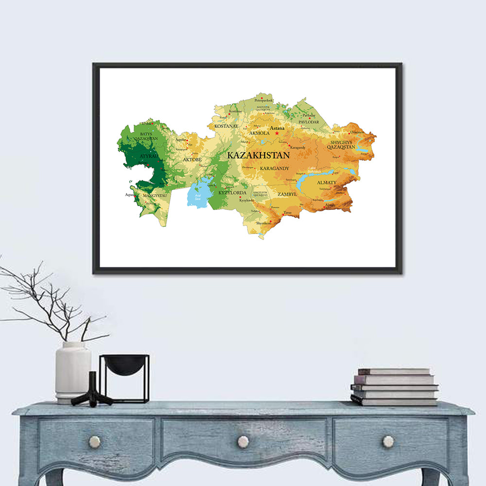 Kazakhstan Relief Map, Color-coded Terrain Wall Art