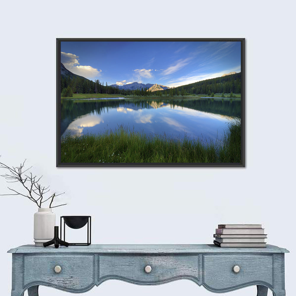 Cascade Ponds Reflection Banff Wall Art in a room, landscape