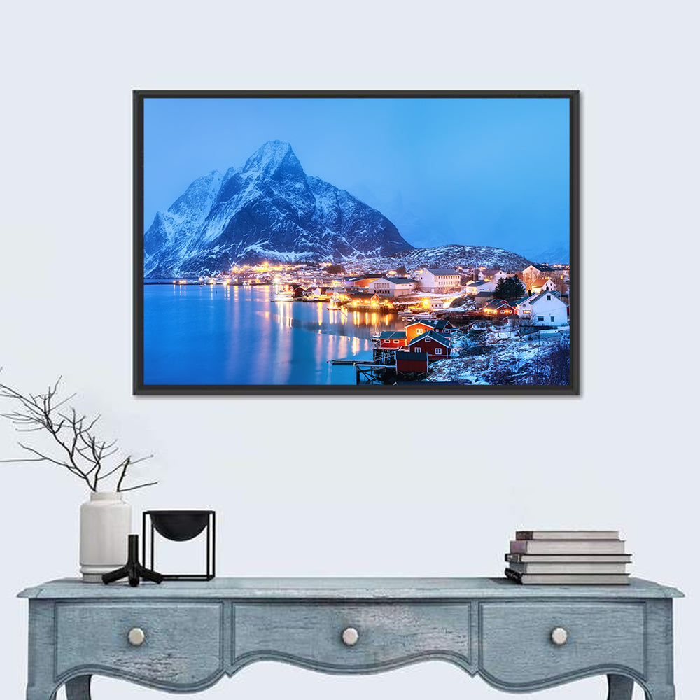 Reine Harbor at Twilight Wall Art in a room, landscape