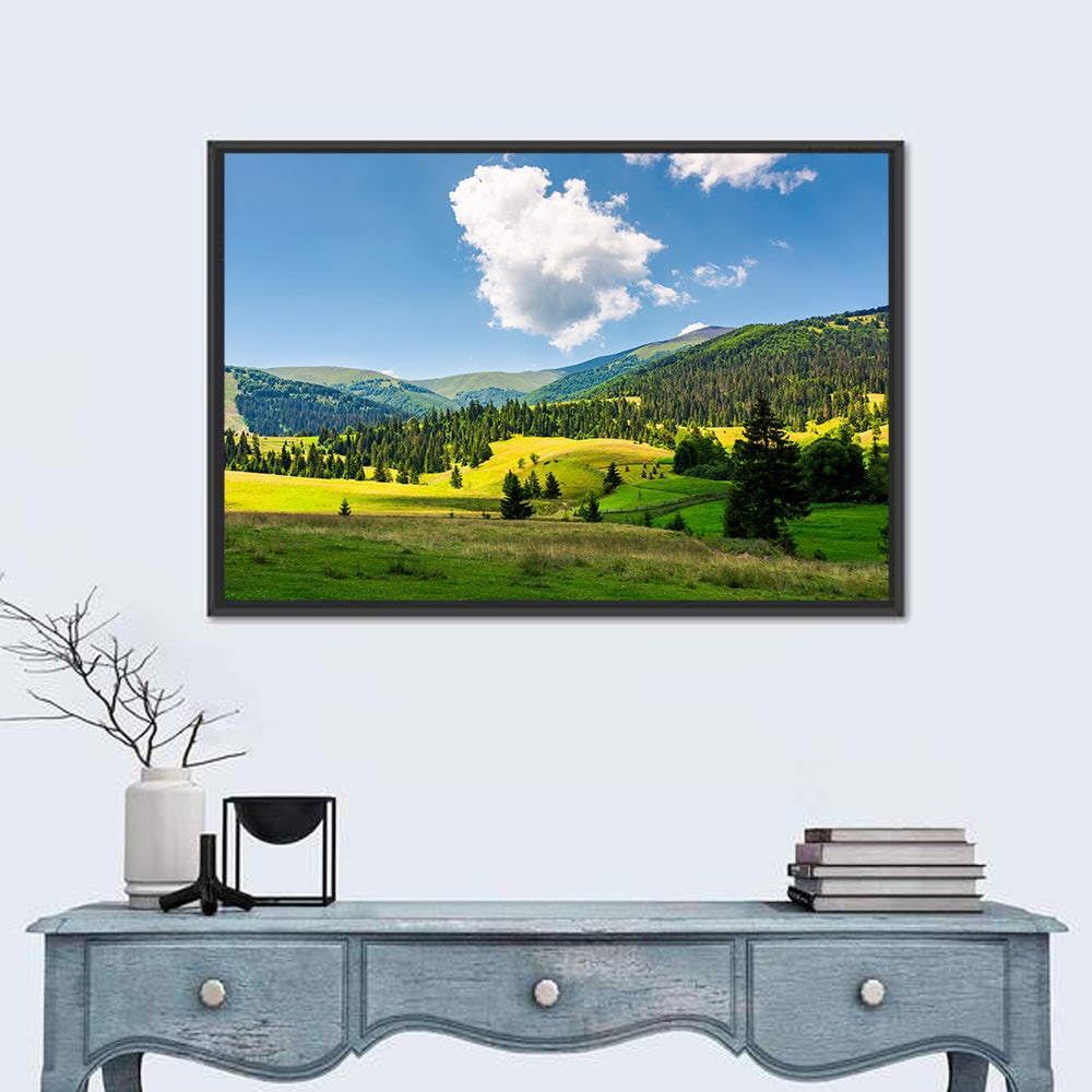 Sunlit Haystacks on Rolling Grassy Hills Wall Art in a room, landscape