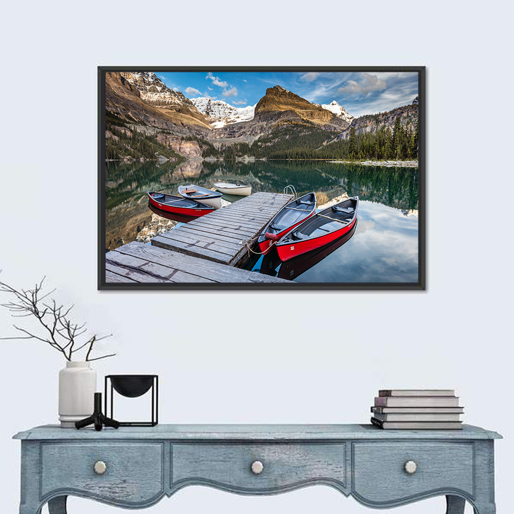 Canadian Rockies Lake with Red Canoes Wall Art