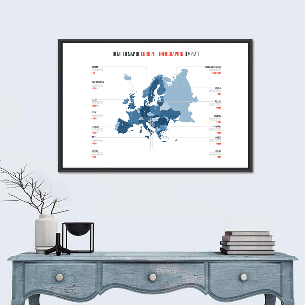 Detailed Map of Europe Infographic Wall Art in a room, landscape