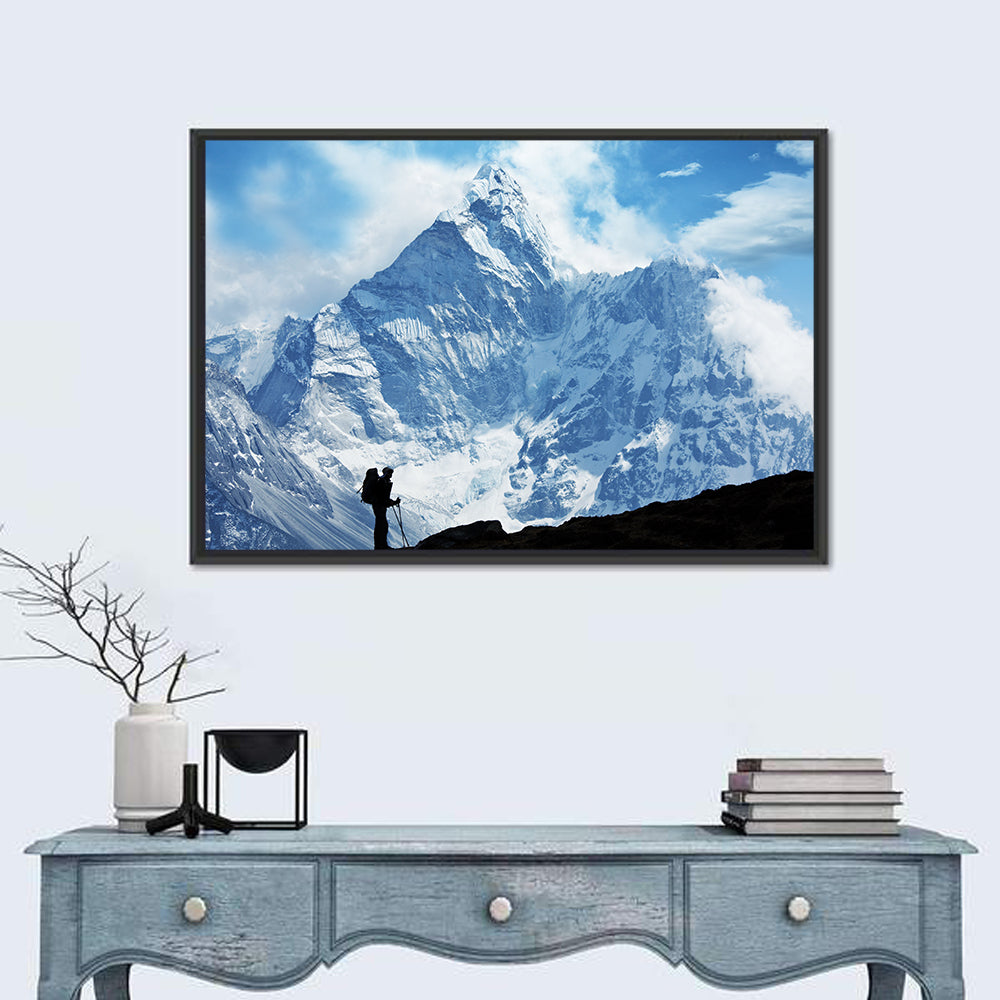 Himalayan Climber Silhouette Wall Art in a room, landscape