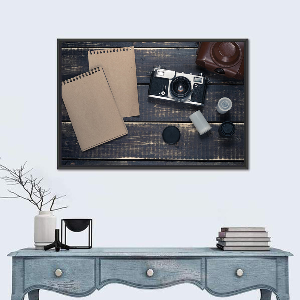 Vintage Rangefinder Camera Still Life Wall Art in a room, landscape