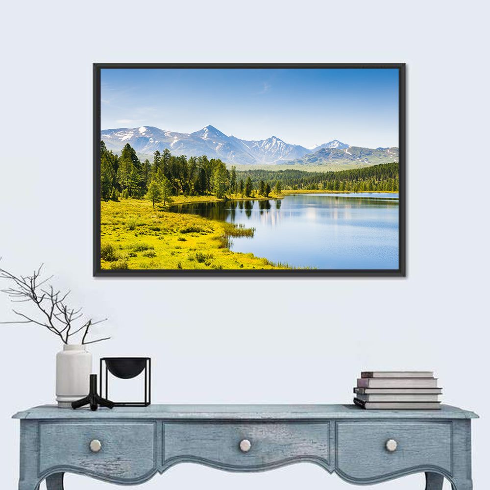 Altai Lake with Snow Capped Peaks Wall Art in a room, landscape