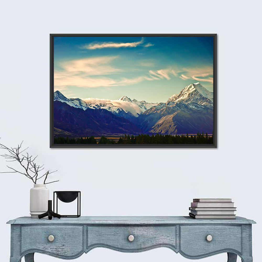 Aoraki Mount Cook Golden Hour Wall Art in a room, landscape