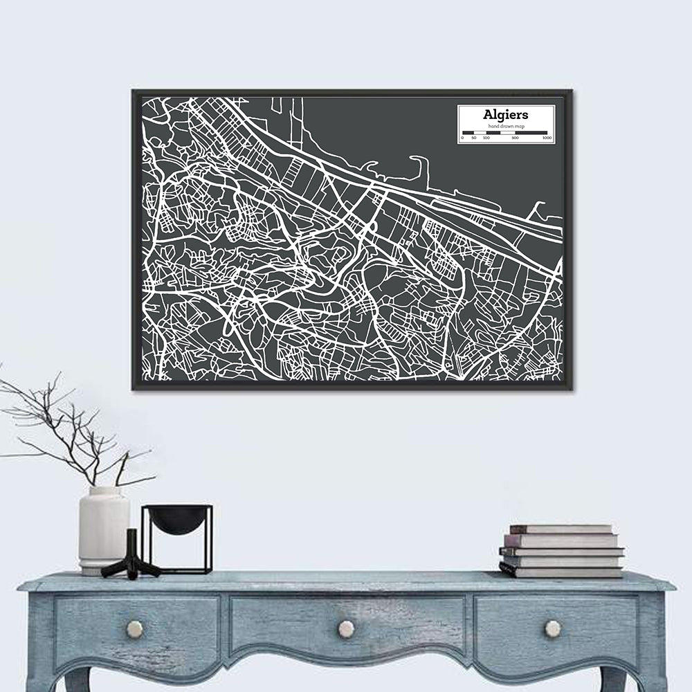 Algiers City Map, Minimal Gray Wall Art