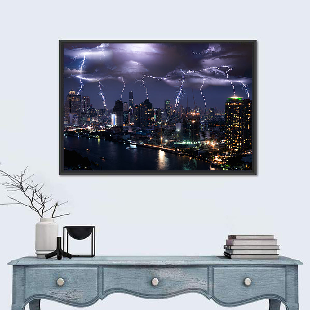 Night Lightning Over River Skyline Wall Art in a room, landscape