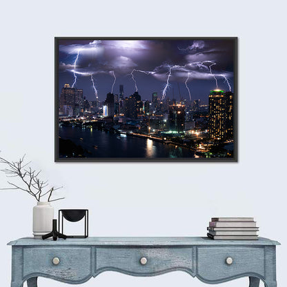 Night Lightning Over River Skyline Wall Art